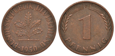 ФРГ 1 пфенниг 1950 F KM 105 сталь плакированная медью 4164-123