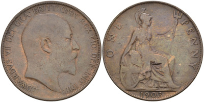 Великобритания 1 пенни 1903 Эдуард VII (1901-1910) KM 794.2, Sp 3990 бронза 4149-641