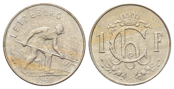 Люксембург 1 франк 1960 Шарлотта, сталевар (1919-1964) KM 46.2 медно-никель 4668-1132