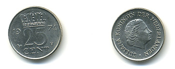 НИДЕРЛАНДЫ 25 ЦЕНТОВ 1974 ЮЛИАНА KM 183 никель 4364-543