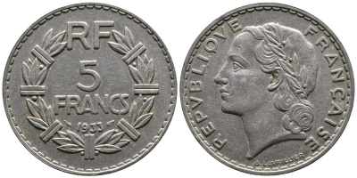 ФРАНЦИЯ 5 ФРАНКОВ 1933 KM 888 никель 87-1333