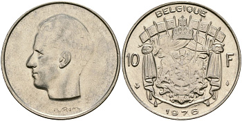 Бельгия 10 франков 1976 Belgique, Бодуэн I (1951-1993) KM 155.1 никель 4135-1031