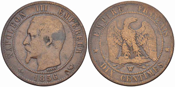 ФРАНЦИЯ 10 САНТИМОВ 1856 W, НАПОЛЕОН III (1852-1870) KM 771.7, LE FRANC 133.38 бронза 38-1213