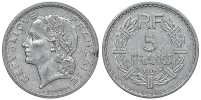 Франция 5 франков 1945 open 9 KM 888b.1, Le Franc 339.3 алюминий 4123-524