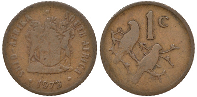 ЮАР 1 ЦЕНТ 1973 ГЕРБ, КАПСКИЕ ВОРОБЬИ KM 82 бронза 62-1154