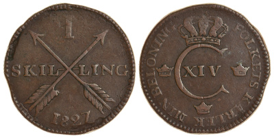 Швеция 1 скиллинг 1827 Карл XIV Юхан (1818-1844), редкий год KM 597 медь 413-5225