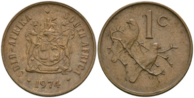 ЮАР 1 цент 1974 герб, капские воробьи KM 82 бронза 08-1346