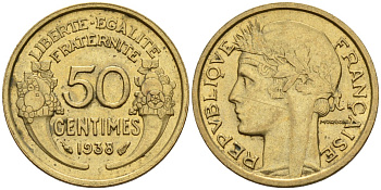 Франция 50 сантимов 1938 KM 894.1, Le Franc 192.15 алюминиевая бронза 4596-813