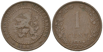 Нидерланды 1 цент 1907 Вильгельмина (1890-1948) KM 132 бронза 4154-1154