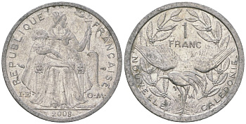 Французская Новая Каледония 1 франк 2008 птица кагу, (IEOM) KM 10, Schoen 10 алюминий 55-351