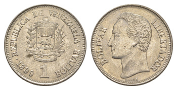Венесуэла 1 боливар 1990 Симон Боливар, толстый шрифт Y 52a.2 сталь плакированная никелем 4591-525