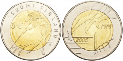 Финляндия 5 евро 2005 X Чемпионат мира по легкой атлетике, с сертификатом KM 118 биметалл UNC M3-06