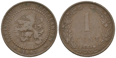 Нидерланды 1 цент 1907 Вильгельмина (1890-1948) KM 132 бронза 4154-1154