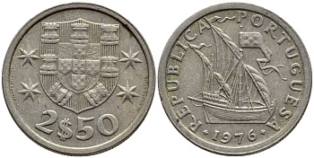 ПОРТУГАЛИЯ 2,5 ЭСКУДО 1976 ПАРУСНИК KM 590 медно-никель 4396-148