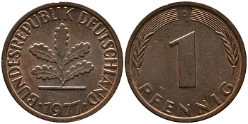 ФРГ 1 пфенниг 1977 D KM 105, J.380 сталь плакированная медью 99-339