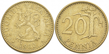 ФИНЛЯНДИЯ 20 ПЕННИ 1980 K KM 47 алюминиевая бронза 3718-643