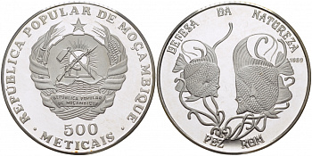 Мозамбик 500 метикалей 1989 серия зашита природы, серия зашита природы, серия зашита природы, рыба мавританский идол, тираж 2000 экз. KM 111 серебро PROOF 1076-9-51