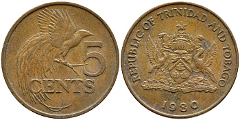 Тринидад и Тобаго 5 центов 1980 райская птица KM 30 бронза 4398-133