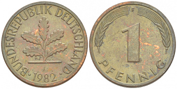 ФРГ 1 ПФЕННИГ 1982 F KM 105 J 380 сталь плакированная медью 3718-229