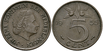 НИДЕРЛАНДЫ 5 ЦЕНТОВ 1955 ЮЛИАНА KM 181 бронза 95-316