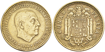 ИСПАНИЯ 1 ПЕСЕТА 1966 (68) ФРАНСИСКО ФРАНКО ДИКТАТОР ИСПАНИИ (1939-1975) KM 796 алюминиевая бронза 176-214