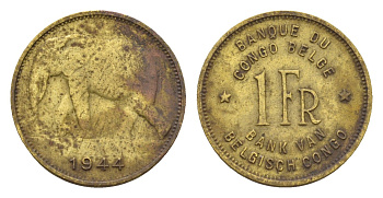 Бельгийское Конго 1 франк 1944 слон, Леопольд III KM 26 латунь 4669-417