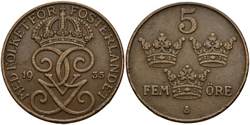 Швеция 5 эре 1935 Густав V (1907-1950) KM 779.2 бронза 4187-853