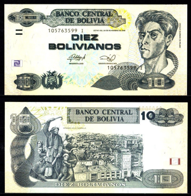 Боливия 10 боливиано 1986 Сесилио Гусман де Рохас, памятник "Heroinas de la Coronilla", Кочабамба Pick 238A бумага UNC (пресс) 7523-37-1-1