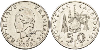 Французская Новая Каледония 50 франков 2000 хижина среди сосен и пальм, (IEOM) KM 13, Schoen 15, Lec 121 никель 4123-844
