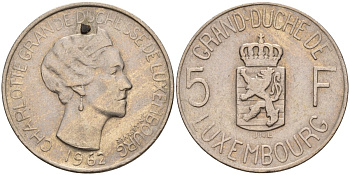 Люксембург 5 франков 1962 Великая герцогиня Шарлотта (1919-1964) KM 51 медно-никель 4143-1243