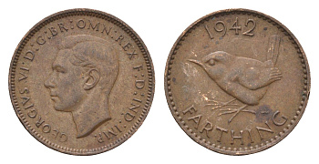 Великобритания 1 фартинг 1942 Георг VI (1936-1952) KM 843, Spink 4116 бронза 4664-339