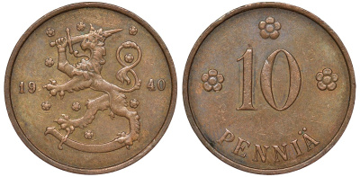 Финляндия 10 пенни 1940 KM 24 медь 51-3211