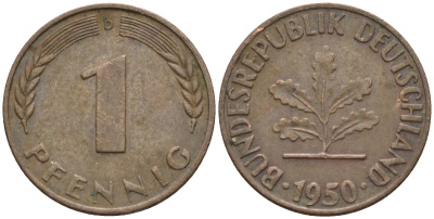 ФРГ 1 пфенниг 1950 D KM 105, J.380 сталь плакированная медью 4174-569