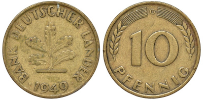 ФРГ 10 пфеннигов 1949 C KM 103, J. 378 сталь плакированная латунью 4132-513
