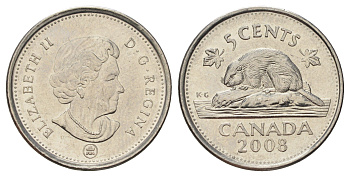 Канада 5 центов 2008 Leaf, Елизавета II (1952-2022), бобр KM 491 сталь плакированная никелем UNC 4689-515