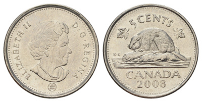 Канада 5 центов 2008 Leaf, Елизавета II (1952-2022), бобр KM 491 сталь плакированная никелем UNC 4689-515