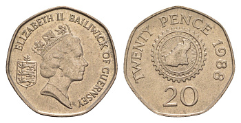 Гернси 20 пенсов 1988 редкий год, тираж 5.000 экземпляров KM 44 медно-никель aUNC 4659-567