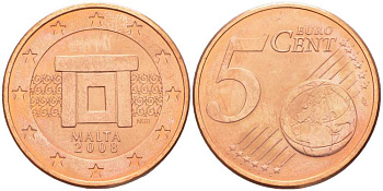 Мальта 5 евроцентов 2008 KM 127 сталь плакированная медью UNC 63-362