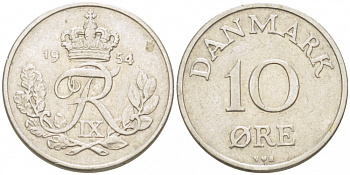 ДАНИЯ 10 ЭРЕ 1954 N; S, ФРЕДЕРИК IX (1947-1972) KM 841.1 медно-никель 3309-141