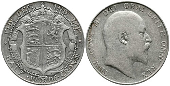 Великобритания 1/2 кроны 1906 Эдуард VII (1901-1910) KM 802, Spink 3980 серебро 1518-333