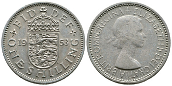 Великобритания 1 шиллинг 1953 Елизавета II (1952-2022), Английский герб KM 890, Spink 4139 медно-никель 89-1731