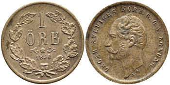 Швеция 1 эре 1858 L.A., Оскар I (1844-1859) KM 687 бронза UNC 4396-239