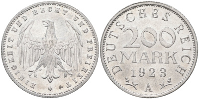 Германия 200 марок 1923 A KM 35, J. 304, Weege 22 алюминий UNC 4586-251