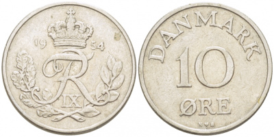 ДАНИЯ 10 ЭРЕ 1954 N; S, ФРЕДЕРИК IX (1947-1972) KM 841.1 медно-никель 3309-141