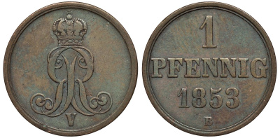 Ганновер 1 пфенниг 1853 B, Георг V KM 221, AKS 155, J. 83 медь 4594-169