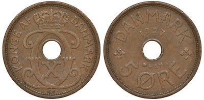 Дания 5 эре 1927 HCN; GJ, Кристиан X (1912-1947) KM 827.1 бронза 4162-132