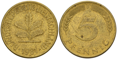 ФРГ 5 пфеннигов 1981 J J.382, KM 107 сталь плакированная латунью    4598-1029