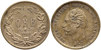 Швеция 1 эре 1858 L.A., Оскар I (1844-1859) KM 687 бронза UNC 4396-239