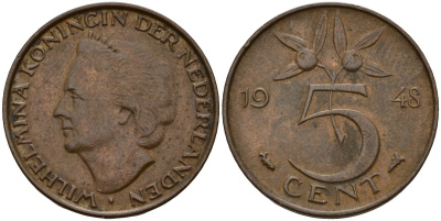 Нидерланды 5 центов 1948 Вильгельмина I (1890-1948) KM 176 бронза 4154-926
