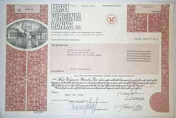 США, First Virginia Banks, Inc. 100 акций 1992 бумага 8805-65-1